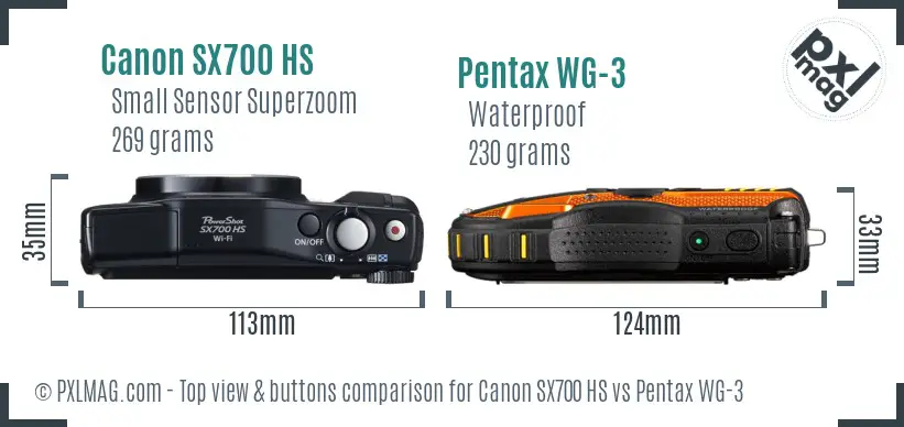 Canon SX700 HS vs Pentax WG-3 top view buttons comparison Canon SX700 HS vs Pentax WG-3 top view buttons comparison