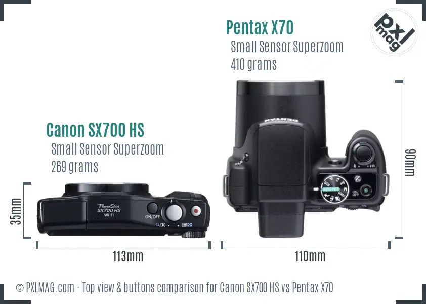Canon SX700 HS vs Pentax X70 top view buttons comparison