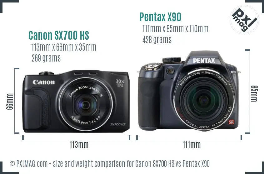 Canon SX700 HS vs Pentax X90 size comparison
