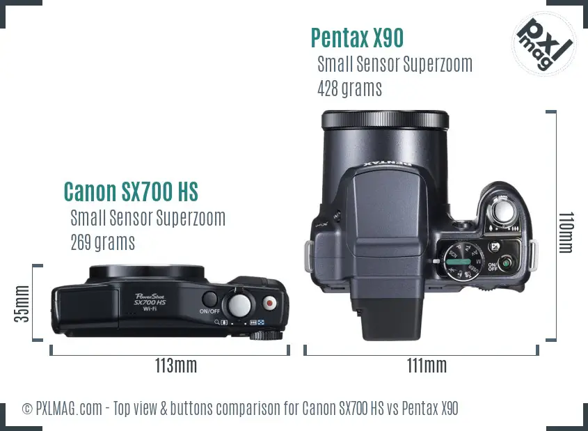 Canon SX700 HS vs Pentax X90 top view buttons comparison