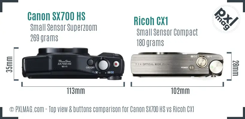 Canon SX700 HS vs Ricoh CX1 top view buttons comparison