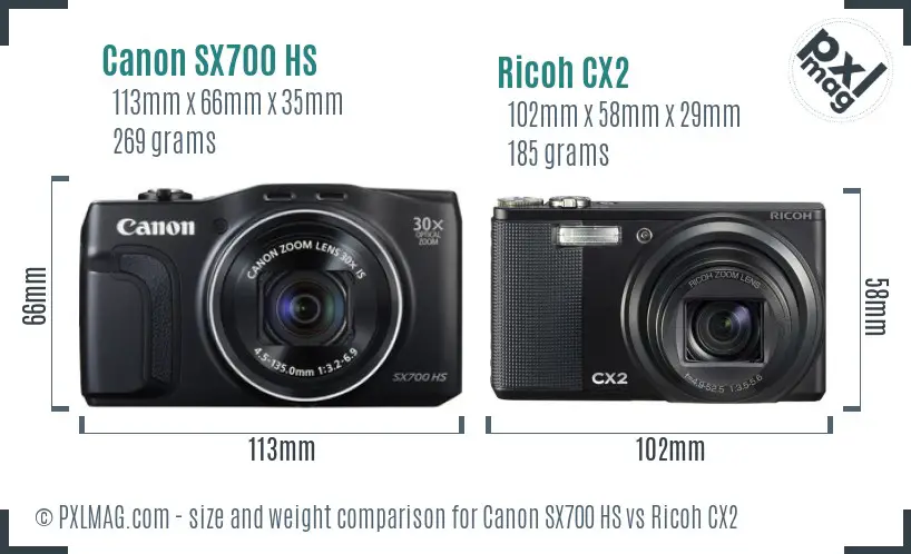 Canon SX700 HS vs Ricoh CX2 size comparison