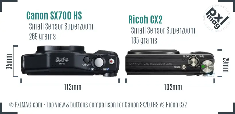 Canon SX700 HS vs Ricoh CX2 top view buttons comparison