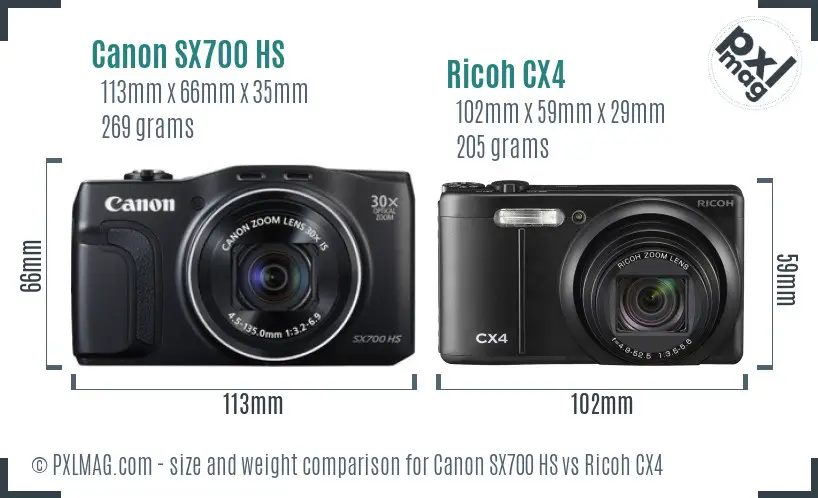 Canon SX700 HS vs Ricoh CX4 size comparison