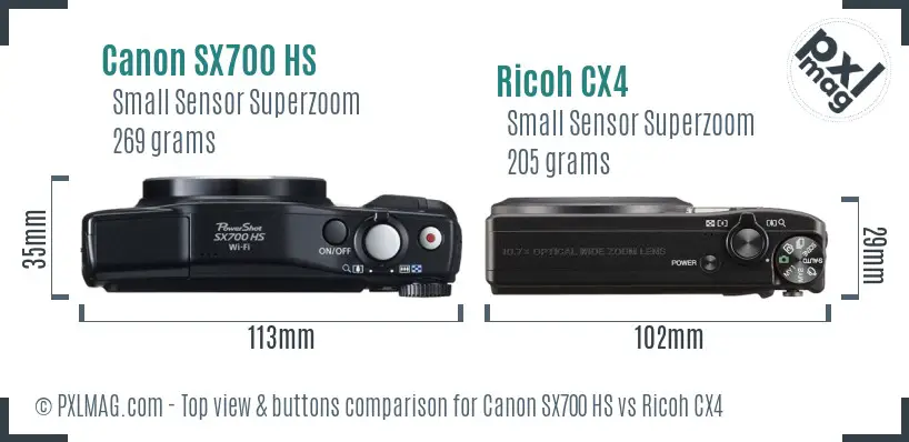 Canon SX700 HS vs Ricoh CX4 top view buttons comparison