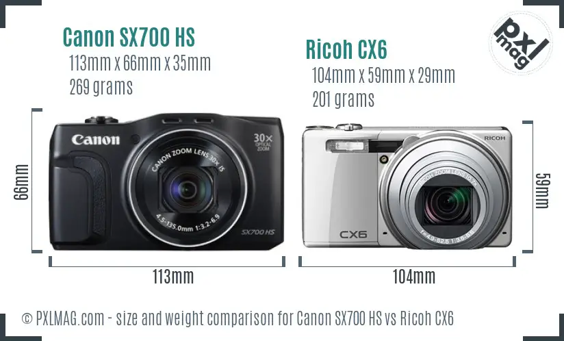 Canon SX700 HS vs Ricoh CX6 size comparison