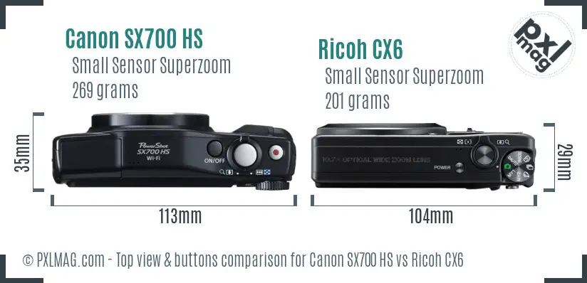 Canon SX700 HS vs Ricoh CX6 top view buttons comparison