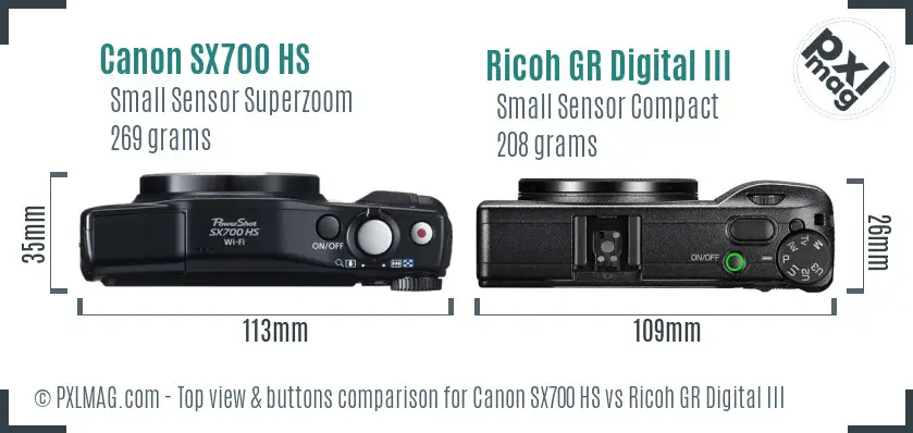 Canon SX700 HS vs Ricoh GR Digital III top view buttons comparison