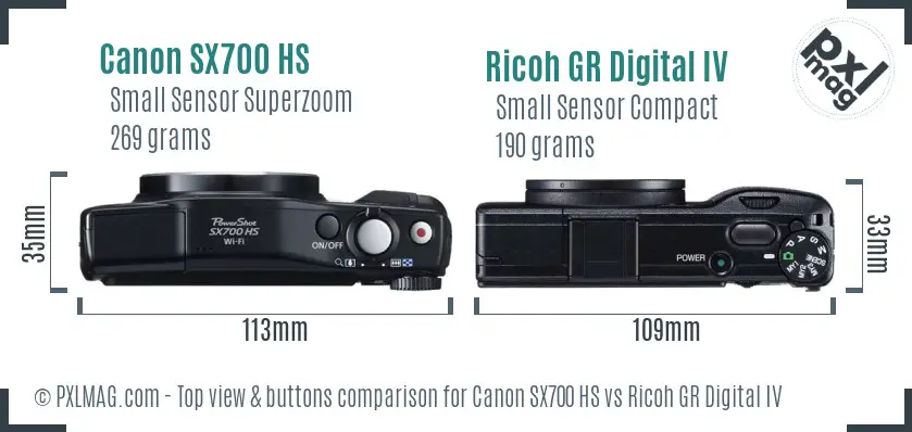 Canon SX700 HS vs Ricoh GR Digital IV top view buttons comparison