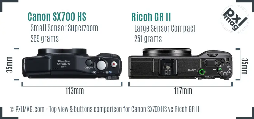 Canon SX700 HS vs Ricoh GR II top view buttons comparison