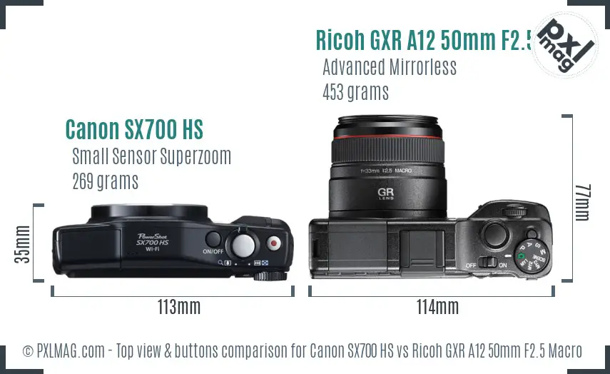 Canon SX700 HS vs Ricoh GXR A12 50mm F2.5 Macro top view buttons comparison