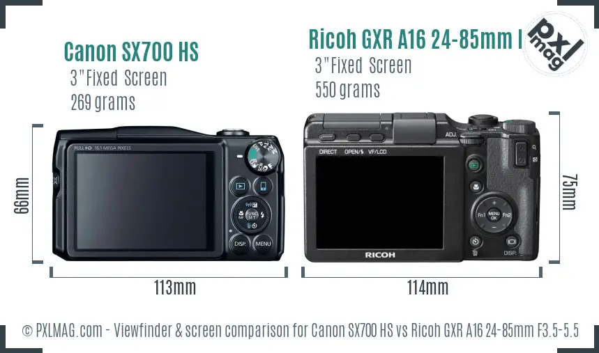 Canon SX700 HS vs Ricoh GXR A16 24-85mm F3.5-5.5 Screen and Viewfinder comparison