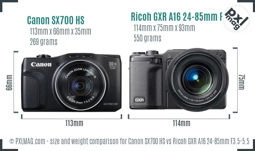 Canon SX700 HS vs Ricoh GXR A16 24-85mm F3.5-5.5 size comparison