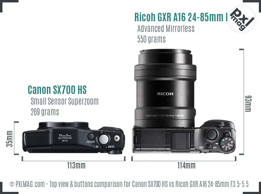 Canon SX700 HS vs Ricoh GXR A16 24-85mm F3.5-5.5 top view buttons comparison