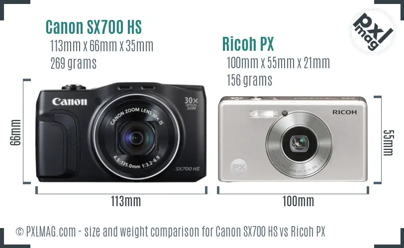 Canon SX700 HS vs Ricoh PX size comparison
