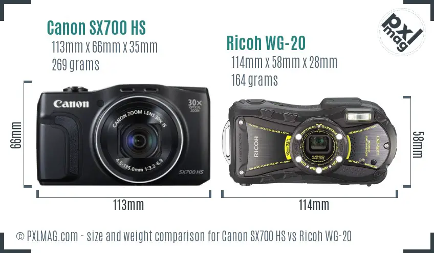 Canon SX700 HS vs Ricoh WG-20 size comparison