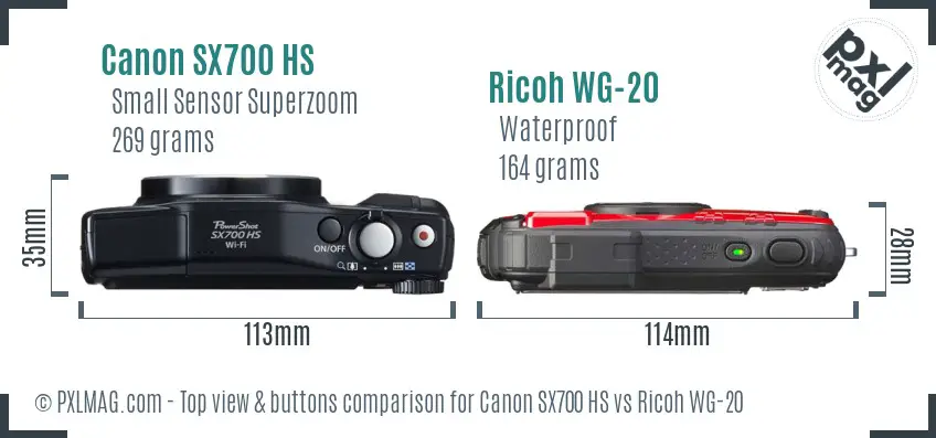 Canon SX700 HS vs Ricoh WG-20 top view buttons comparison