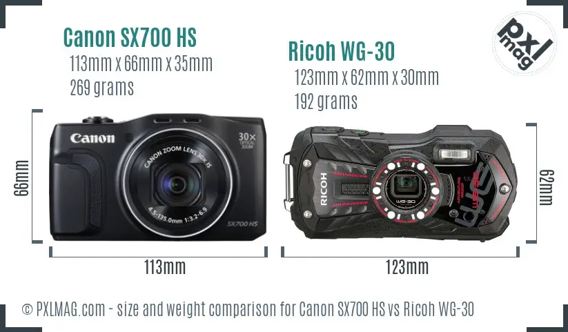 Canon SX700 HS vs Ricoh WG-30 size comparison