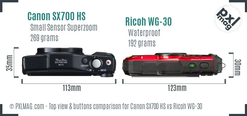 Canon SX700 HS vs Ricoh WG-30 top view buttons comparison