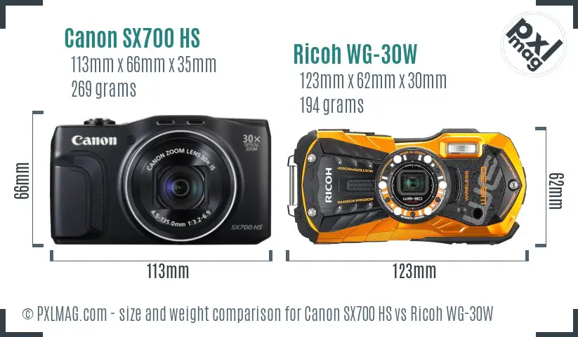 Canon SX700 HS vs Ricoh WG-30W size comparison