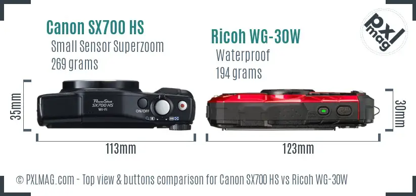 Canon SX700 HS vs Ricoh WG-30W top view buttons comparison