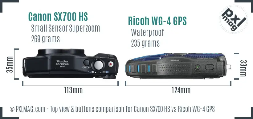 Canon SX700 HS vs Ricoh WG-4 GPS top view buttons comparison Canon SX700 HS vs Ricoh WG-4 GPS top view buttons comparison