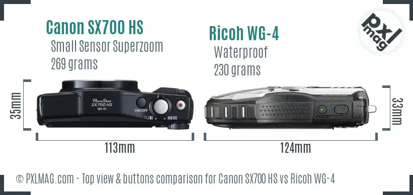 Canon SX700 HS vs Ricoh WG-4 top view buttons comparison