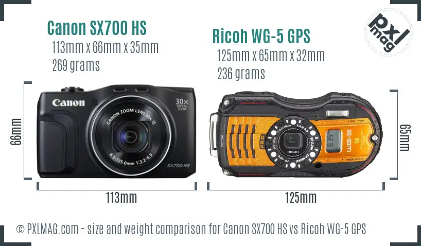 Canon SX700 HS vs Ricoh WG-5 GPS size comparison Canon SX700 HS vs Ricoh WG-5 GPS size comparison