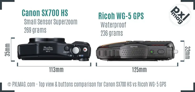 Canon SX700 HS vs Ricoh WG-5 GPS top view buttons comparison Canon SX700 HS vs Ricoh WG-5 GPS top view buttons comparison