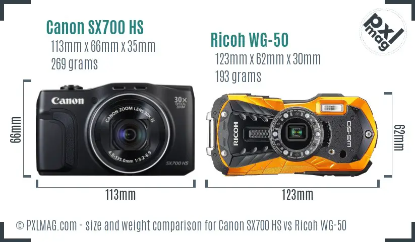 Canon SX700 HS vs Ricoh WG-50 size comparison