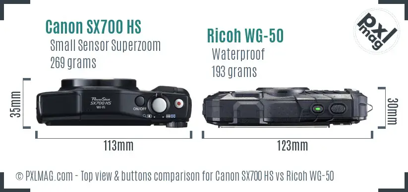 Canon SX700 HS vs Ricoh WG-50 top view buttons comparison