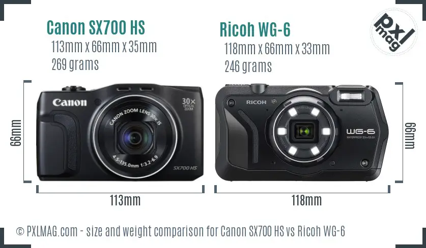 Canon SX700 HS vs Ricoh WG-6 size comparison