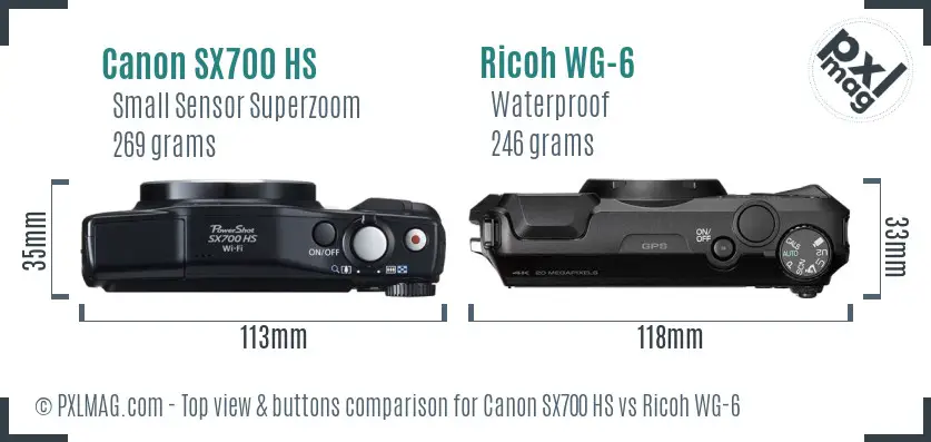 Canon SX700 HS vs Ricoh WG-6 top view buttons comparison