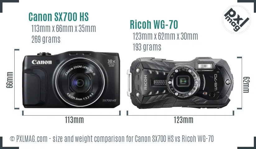 Canon SX700 HS vs Ricoh WG-70 size comparison