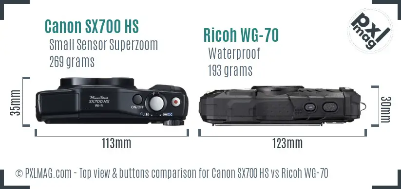 Canon SX700 HS vs Ricoh WG-70 top view buttons comparison