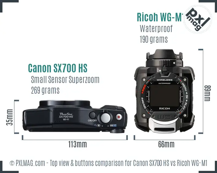 Canon SX700 HS vs Ricoh WG-M1 top view buttons comparison