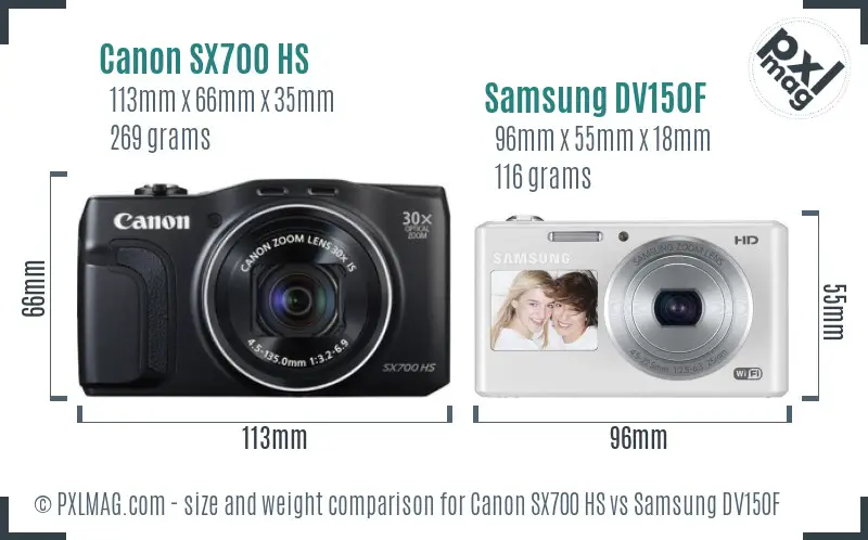 Canon SX700 HS vs Samsung DV150F size comparison