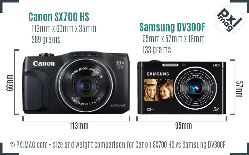 Canon SX700 HS vs Samsung DV300F size comparison