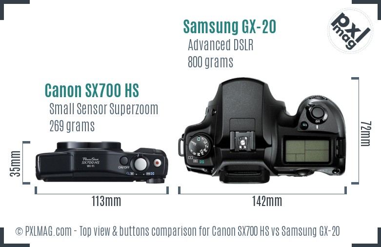 Canon SX700 HS vs Samsung GX-20 top view buttons comparison