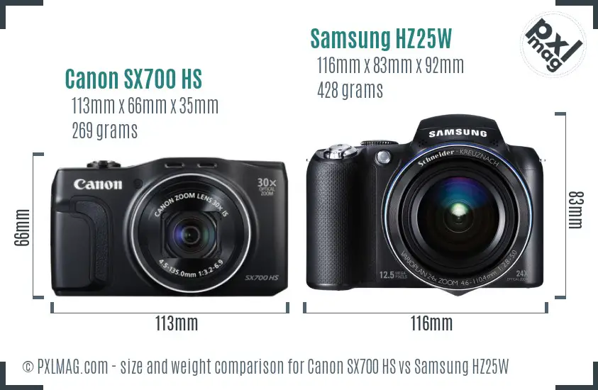Canon SX700 HS vs Samsung HZ25W size comparison