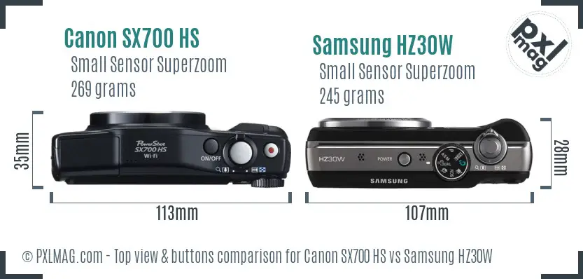 Canon SX700 HS vs Samsung HZ30W top view buttons comparison Canon SX700 HS vs Samsung HZ30W top view buttons comparison