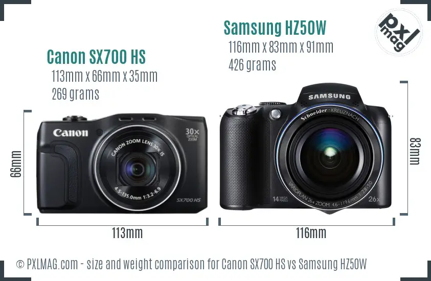 Canon SX700 HS vs Samsung HZ50W size comparison