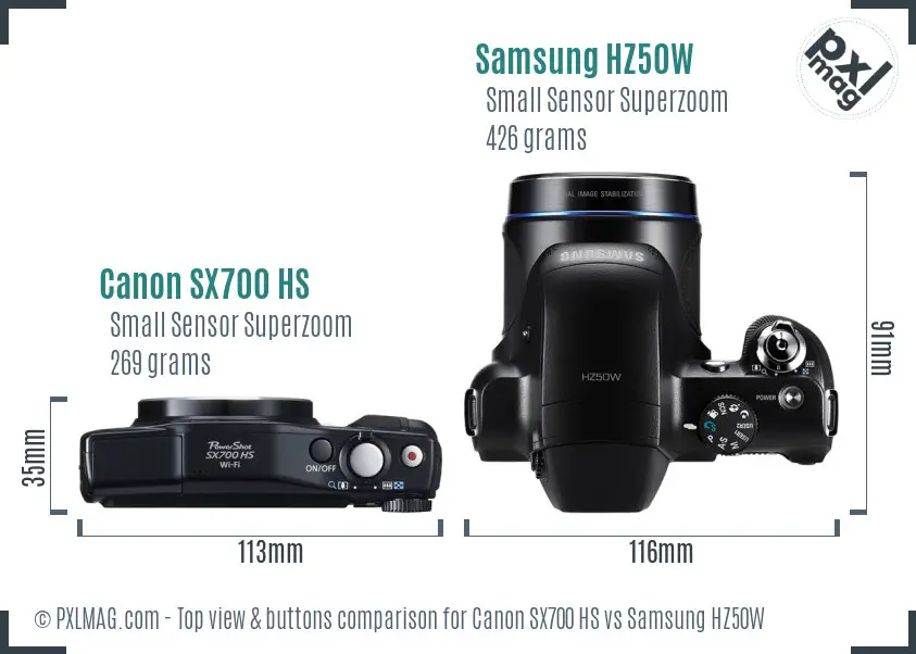 Canon SX700 HS vs Samsung HZ50W top view buttons comparison