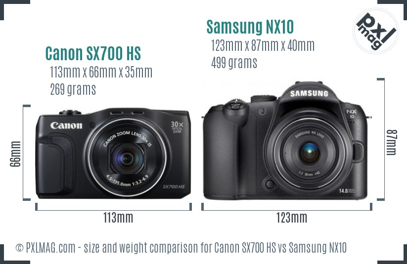 Canon SX700 HS vs Samsung NX10 size comparison