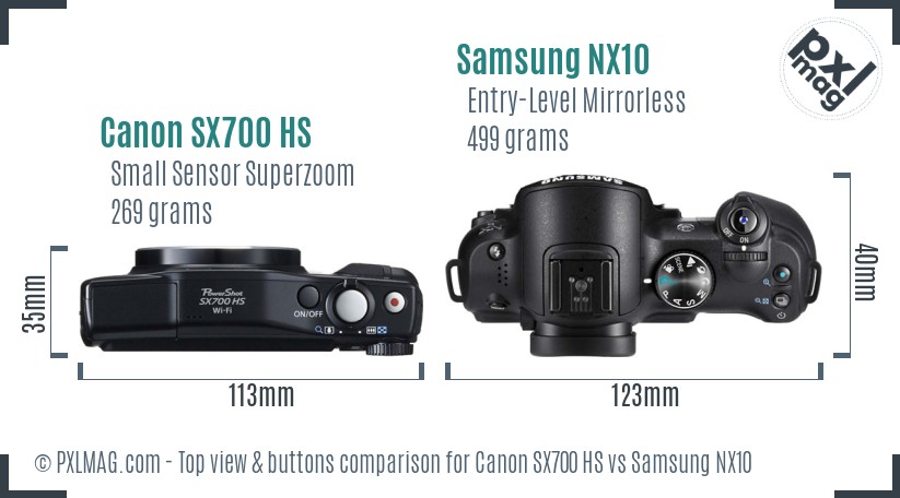 Canon SX700 HS vs Samsung NX10 top view buttons comparison