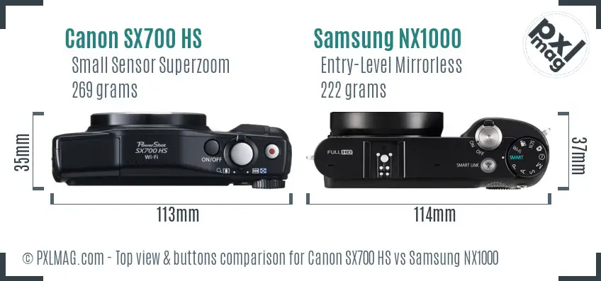 Canon SX700 HS vs Samsung NX1000 top view buttons comparison Canon SX700 HS vs Samsung NX1000 top view buttons comparison