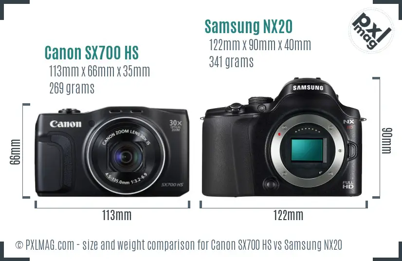 Canon SX700 HS vs Samsung NX20 size comparison