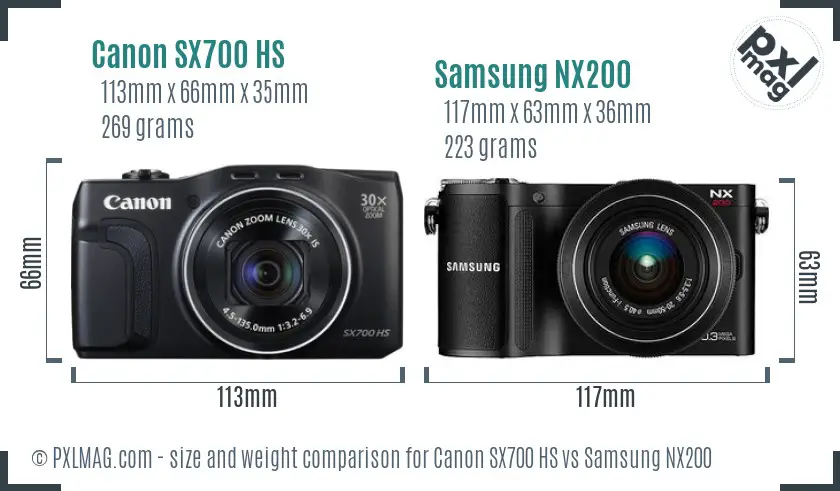 Canon SX700 HS vs Samsung NX200 size comparison
