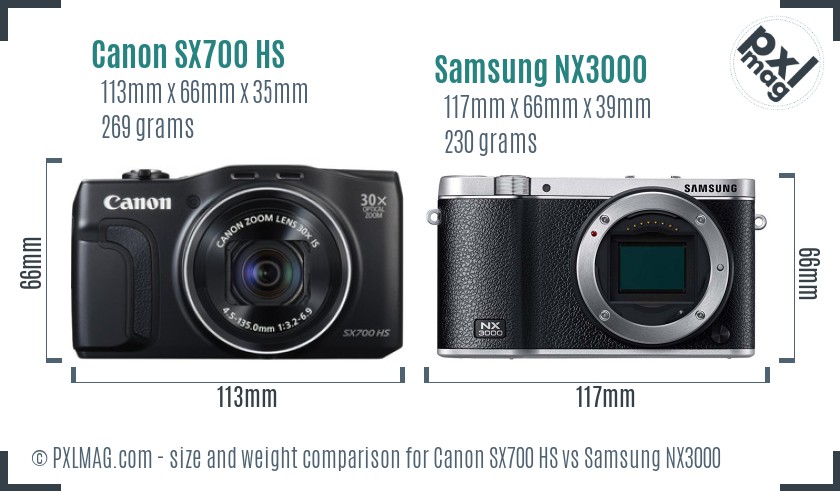 Canon SX700 HS vs Samsung NX3000 size comparison