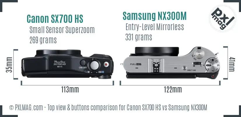 Canon SX700 HS vs Samsung NX300M top view buttons comparison Canon SX700 HS vs Samsung NX300M top view buttons comparison